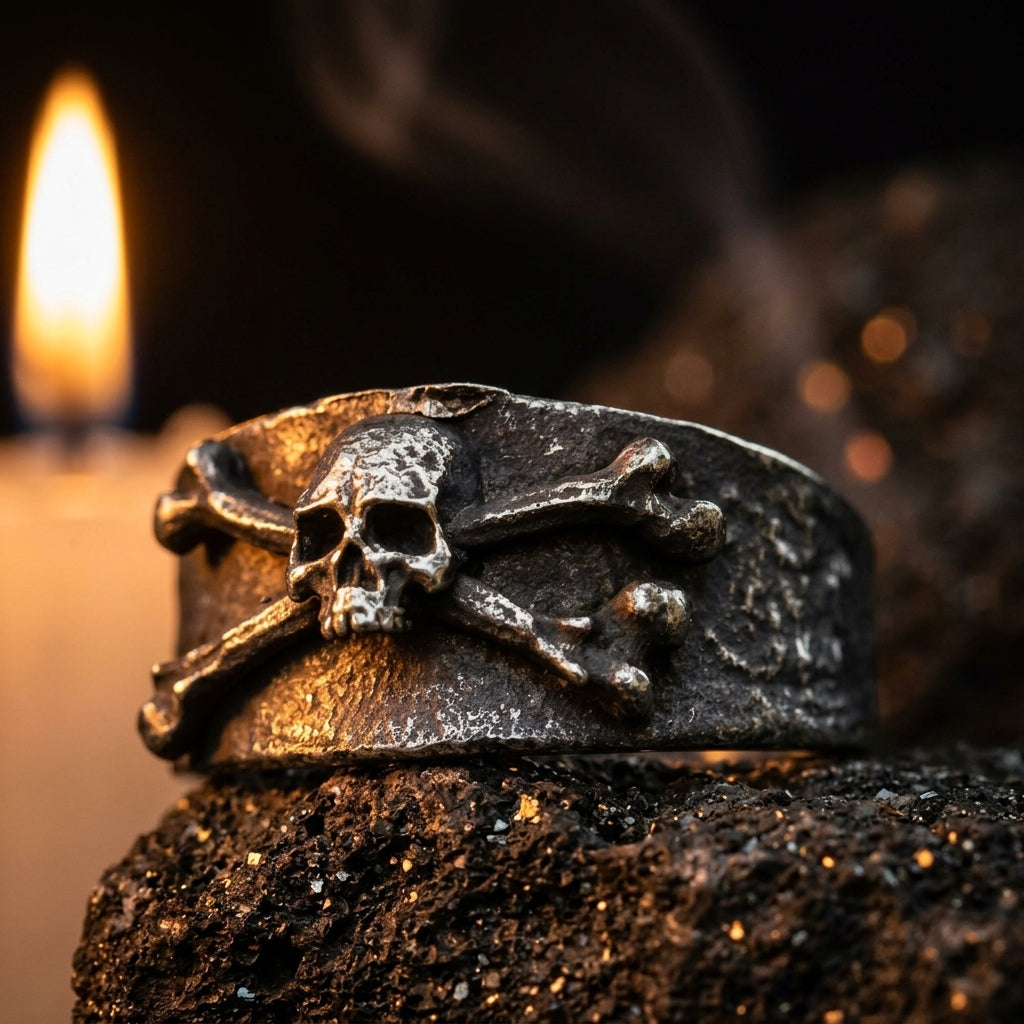 Bague Crane et Os ERYTH — ambiance pierre volcanique et lumiere de bougie