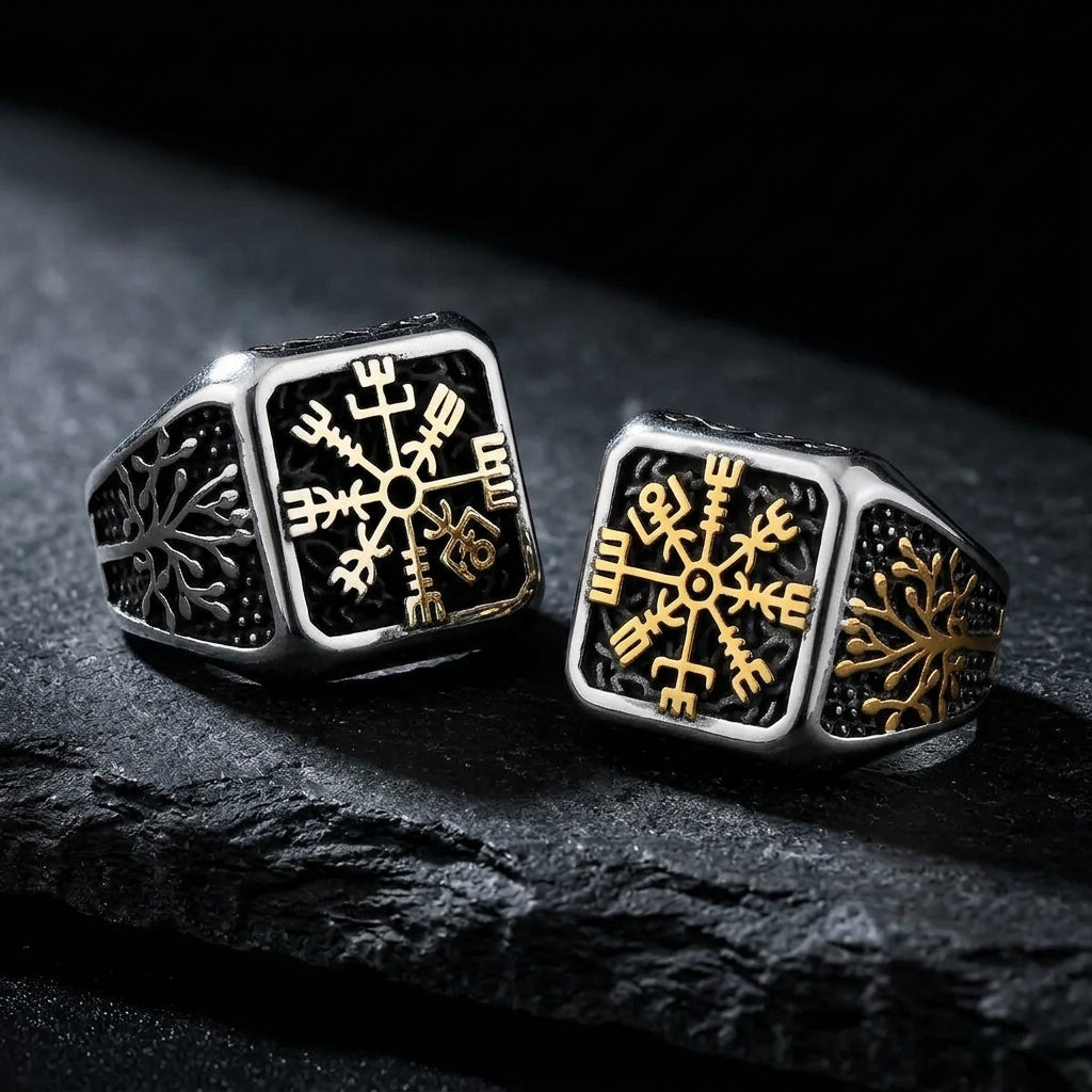 Bague Vegvisir Yggdrasil ERYTH — eclairage dramatique froid sur pierre volcanique