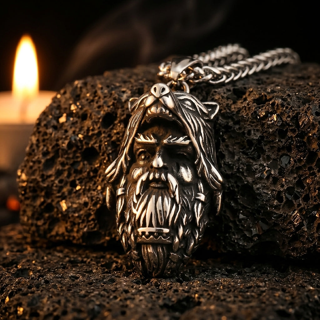 Pendentif Odin Loup ERYTH — ambiance pierre volcanique et lumiere de bougie