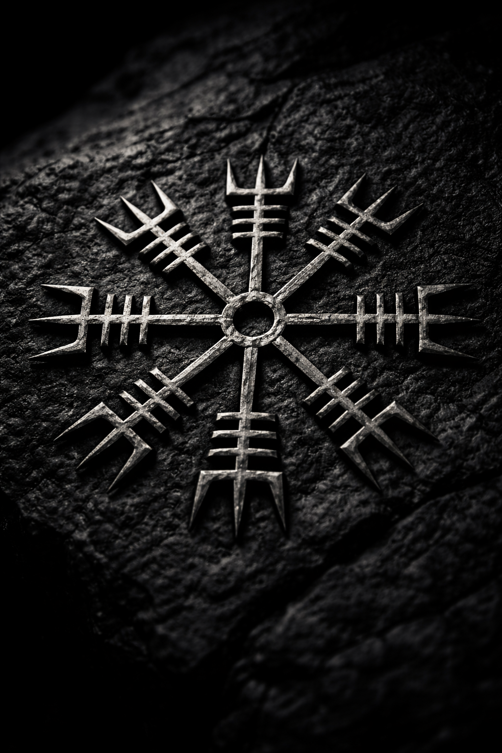 Aegishjalmur symbole viking gravé en pierre noire, casque de la terreur nordique