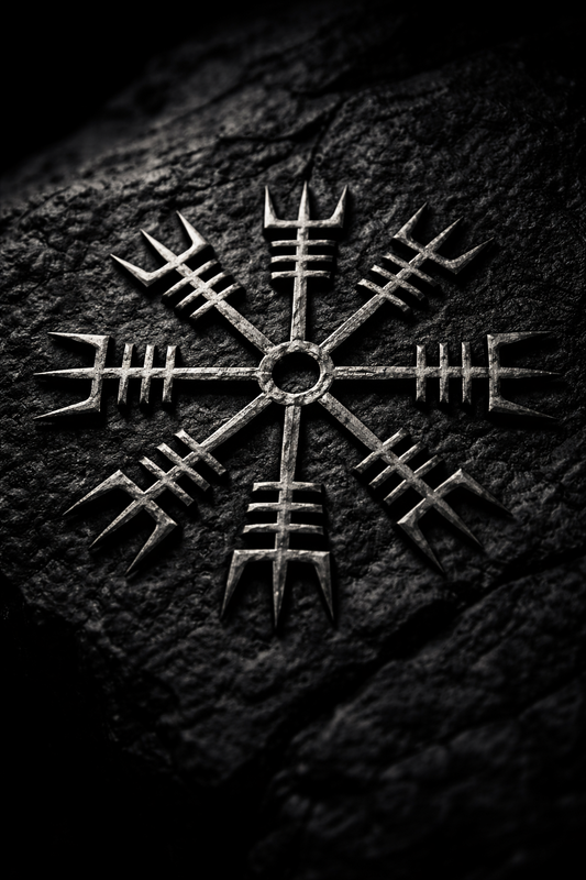 Aegishjalmur symbole viking gravé en pierre noire, casque de la terreur nordique