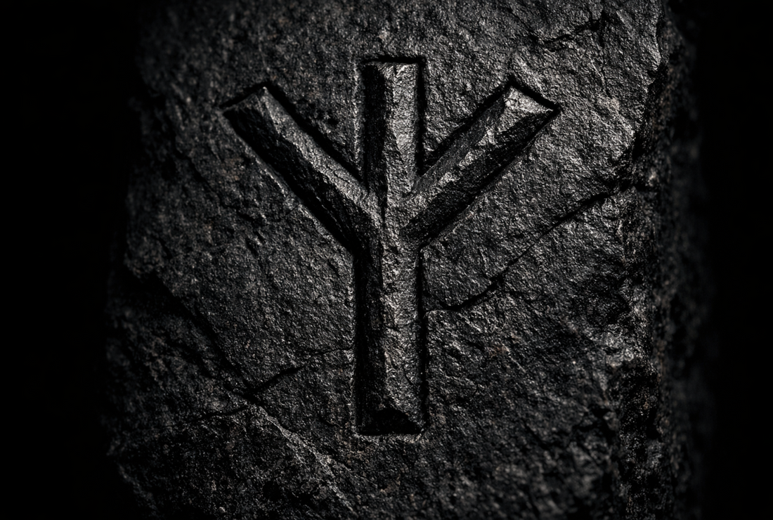 Rune Algiz gravée dans la pierre noire, symbole de protection viking