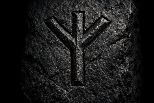 Rune Algiz gravée dans la pierre noire, symbole de protection viking