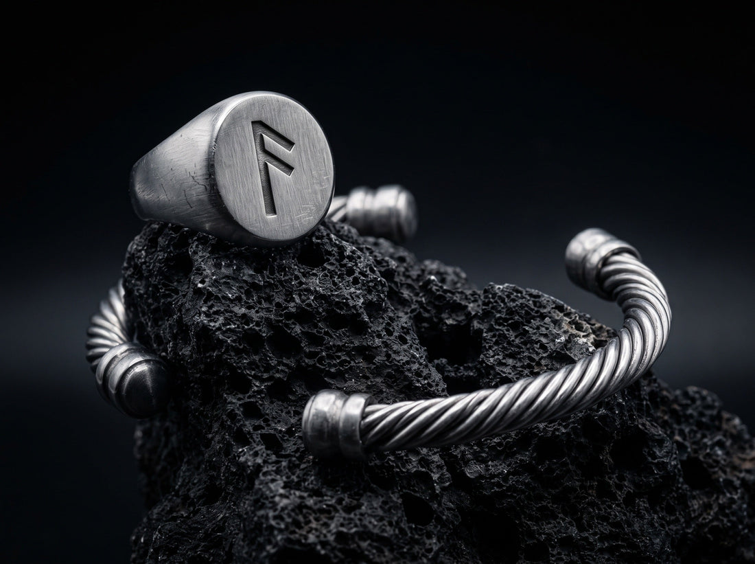 Bague et bracelet vikings graves poses sur pierre volcanique
