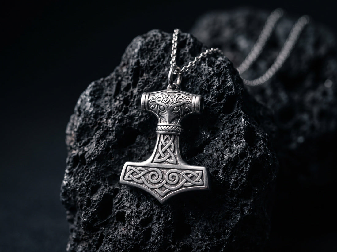 Pendentif marteau de Thor Mjolnir grave, collier viking sur pierre volcanique