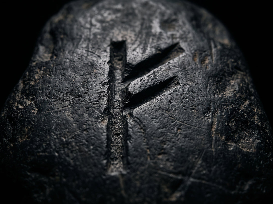 Rune Fehu gravée dans la pierre, symbole viking de richesse