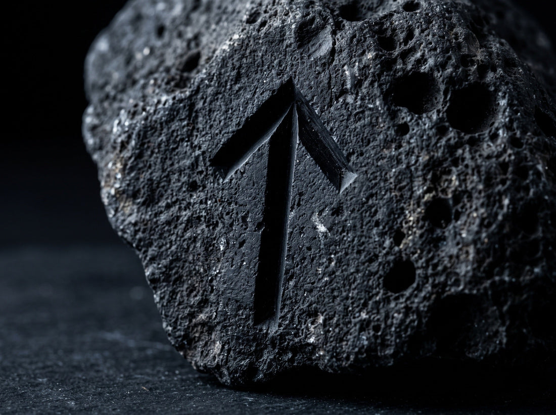 Rune Tiwaz gravee dans la pierre volcanique, symbole viking de justice