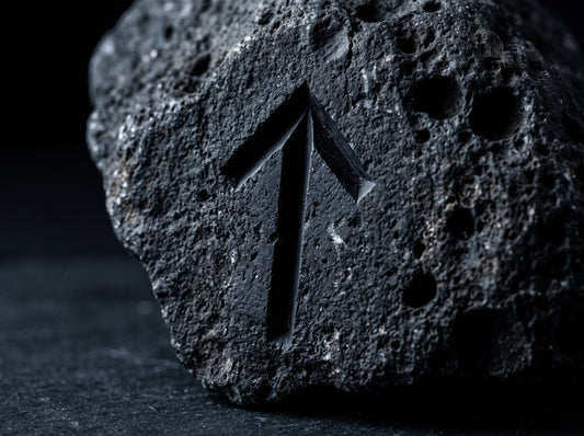 Rune Tiwaz gravee dans la pierre volcanique, symbole viking de justice