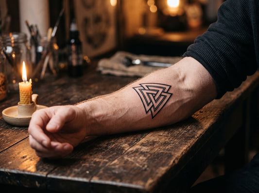Tatouage Valknut sur avant-bras a la lumiere d une bougie, ambiance nordique