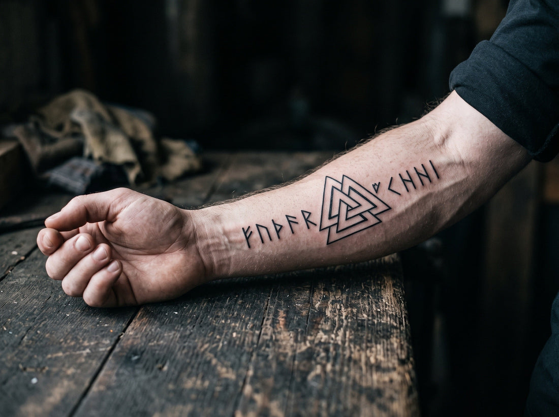 Bras tatoue de symboles vikings, Valknut et runes, style nordique ancestral