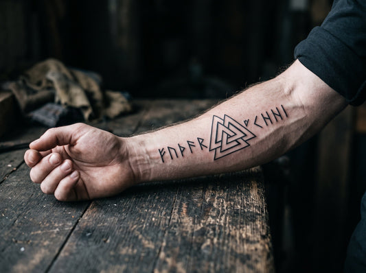 Bras tatoue de symboles vikings, Valknut et runes, style nordique ancestral