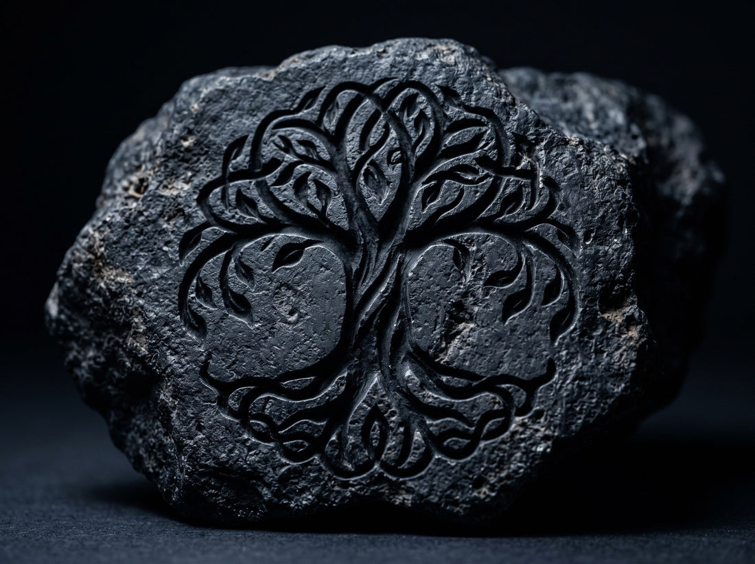 Yggdrasil, arbre-monde grave dans la pierre volcanique, symbole viking de connexion des mondes