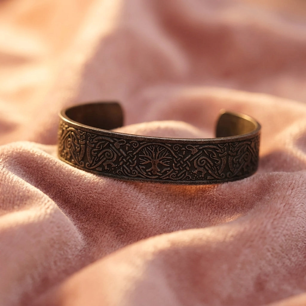 Bracelet Yggdrasil ERYTH sur velours, ambiance chaude