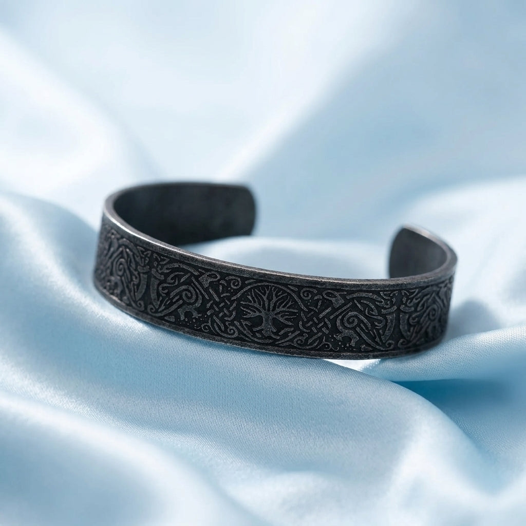 Bracelet Yggdrasil ERYTH sur soie glacee, ambiance froide