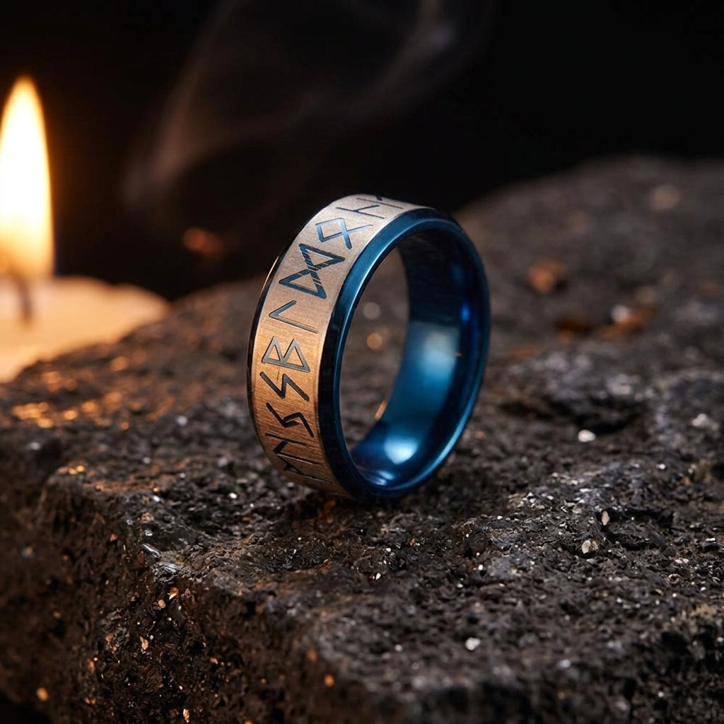 Bague Runique Bleue ERYTH — ambiance pierre volcanique et lumiere de bougie