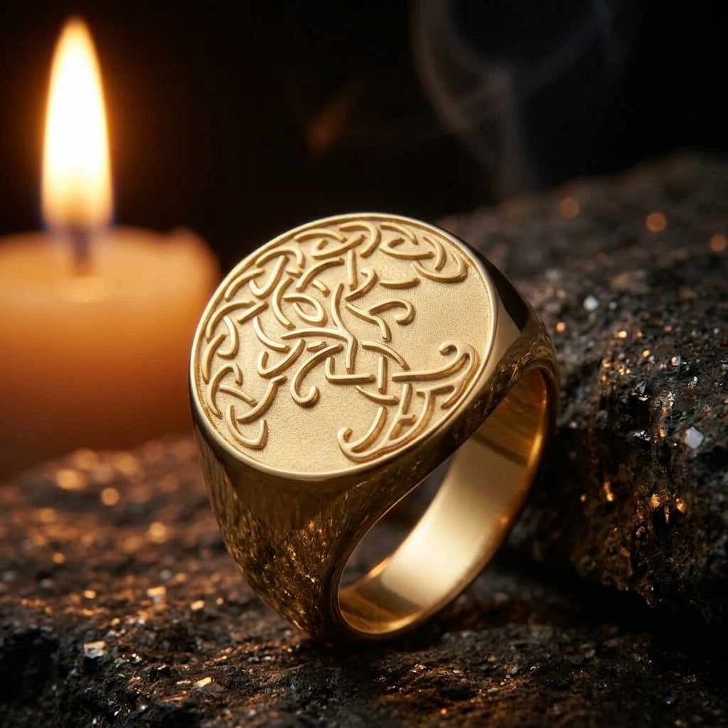 Bague Yggdrasil Or ERYTH — ambiance pierre volcanique et lumiere de bougie