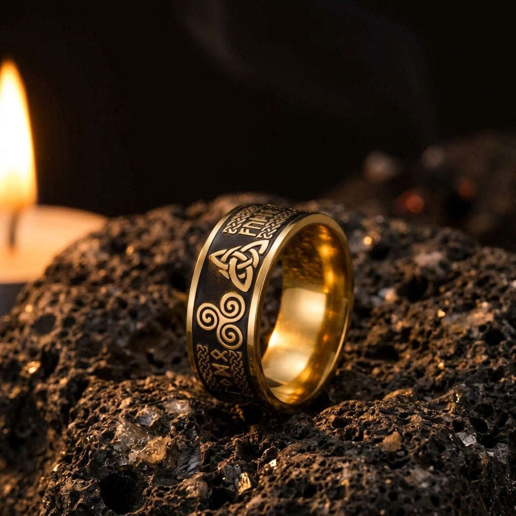 Bague Totem Viking ERYTH — ambiance pierre volcanique et lumiere de bougie