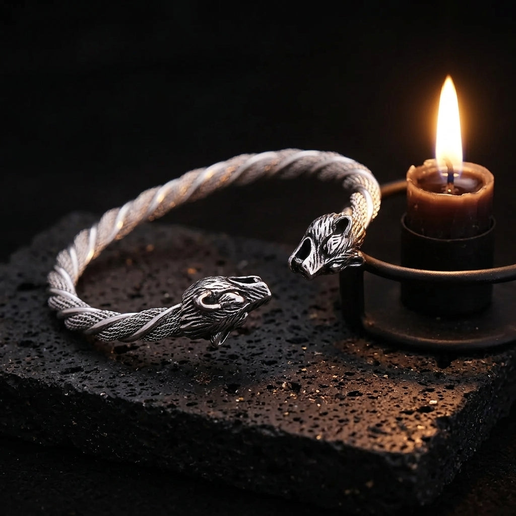 Bracelet Geri et Freki ERYTH sur basalte avec bougie, ambiance chaude