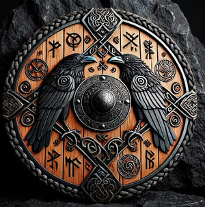 Bouclier mural runique ERYTH, corbeau et runes en bois, éclairage froid sur pierre volcanique