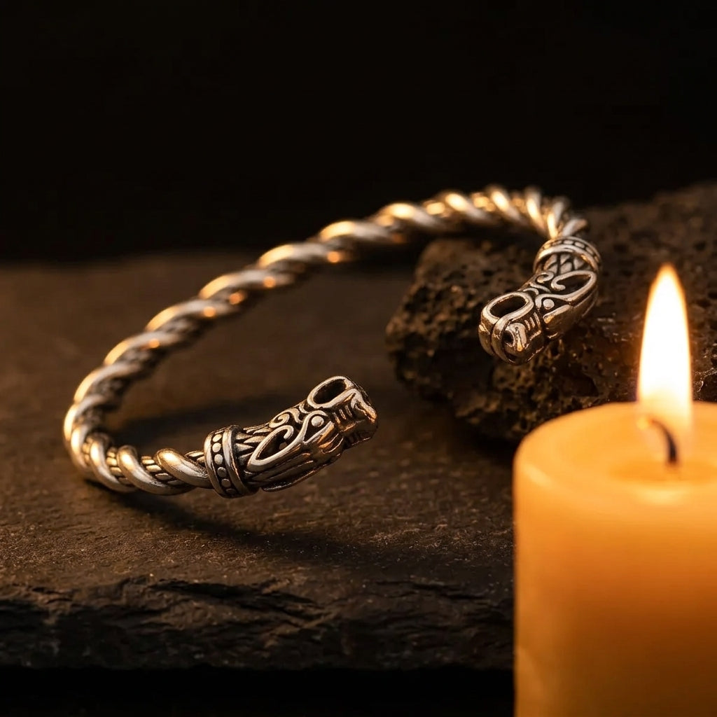 Bracelet Torque Viking ERYTH sur basalte avec bougie, ambiance chaude