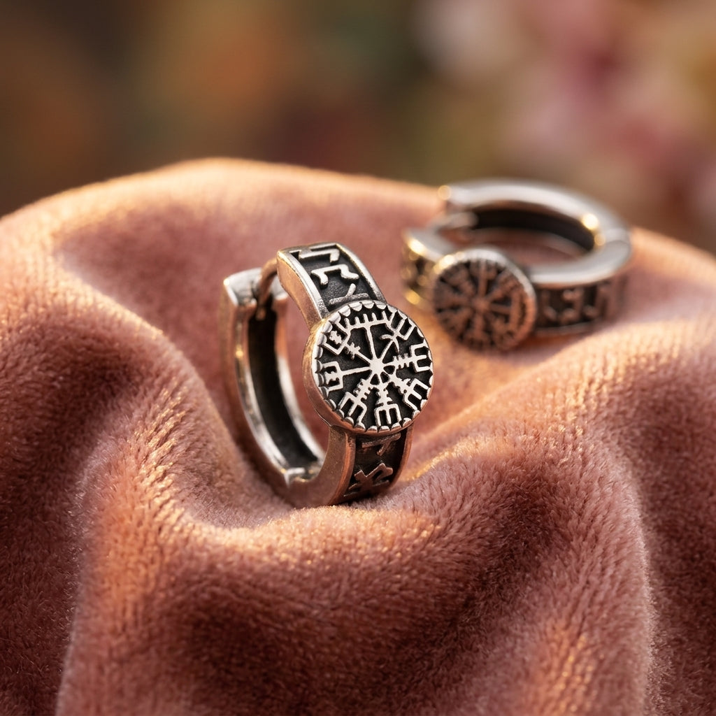 Boucles d'oreilles Vegvisir ERYTH sur velours, ambiance chaude