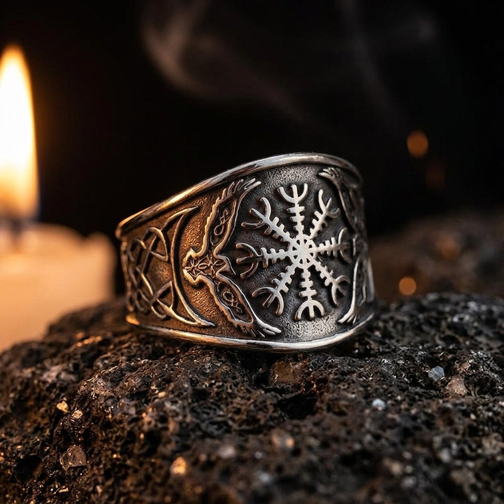 Bague Vegvisir ERYTH — ambiance pierre volcanique et lumiere de bougie