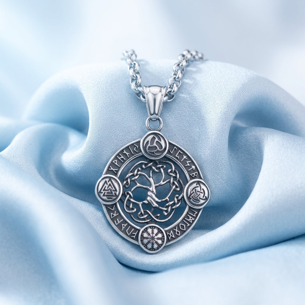 Pendentif Yggdrasil ERYTH sur soie glacee, ambiance froide
